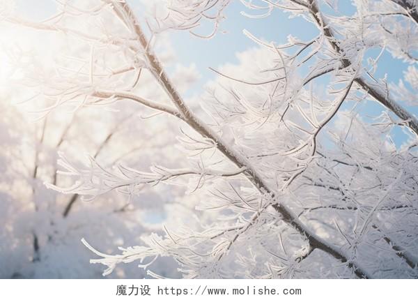 冬天的树枝上覆盖着霜雪大自然树枝